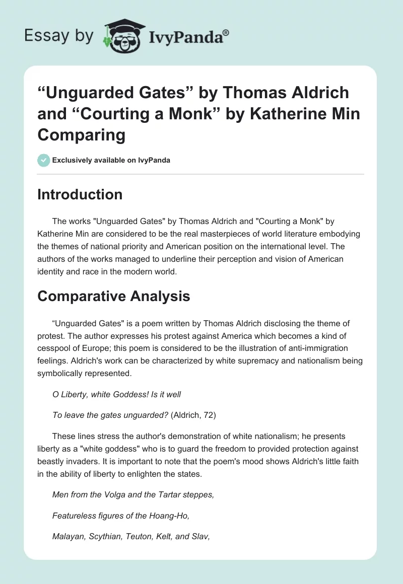 “Unguarded Gates” by Thomas Aldrich and “Courting a Monk” by Katherine Min Comparing. Page 1