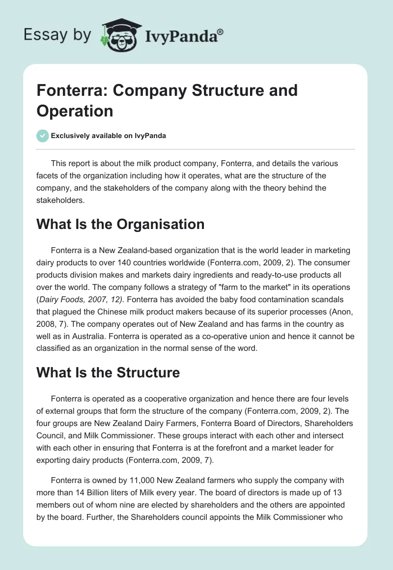 Fonterra: Company Structure and Operation. Page 1