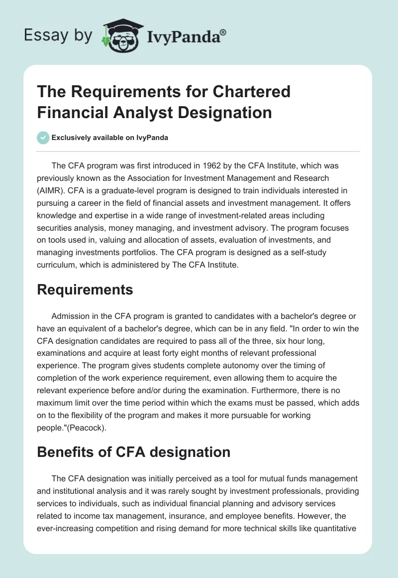 The Requirements for Chartered Financial Analyst Designation. Page 1