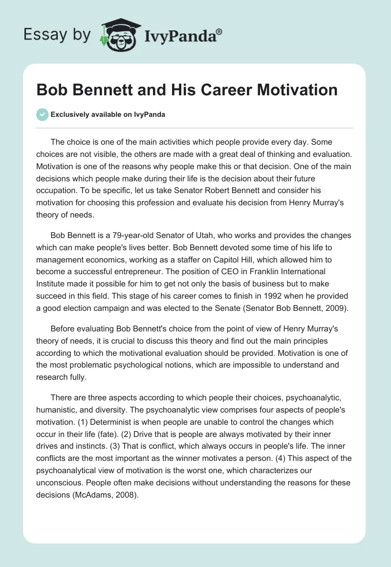 Bob Bennett and His Career Motivation. Page 1