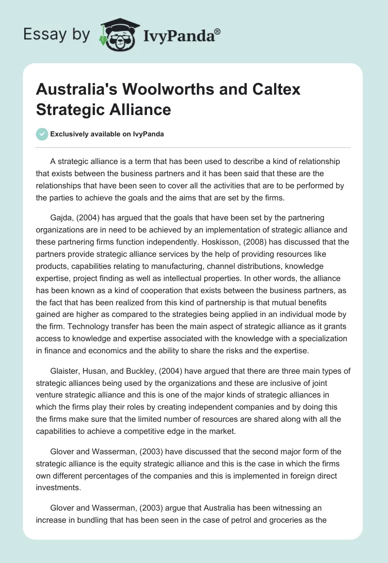 Australia's Woolworths and Caltex Strategic Alliance. Page 1