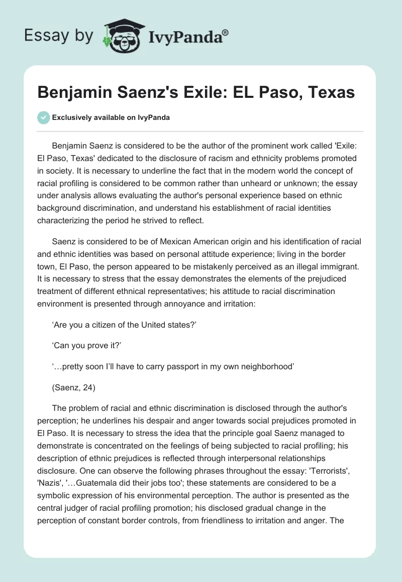 Benjamin Saenz's "Exile: EL Paso, Texas". Page 1