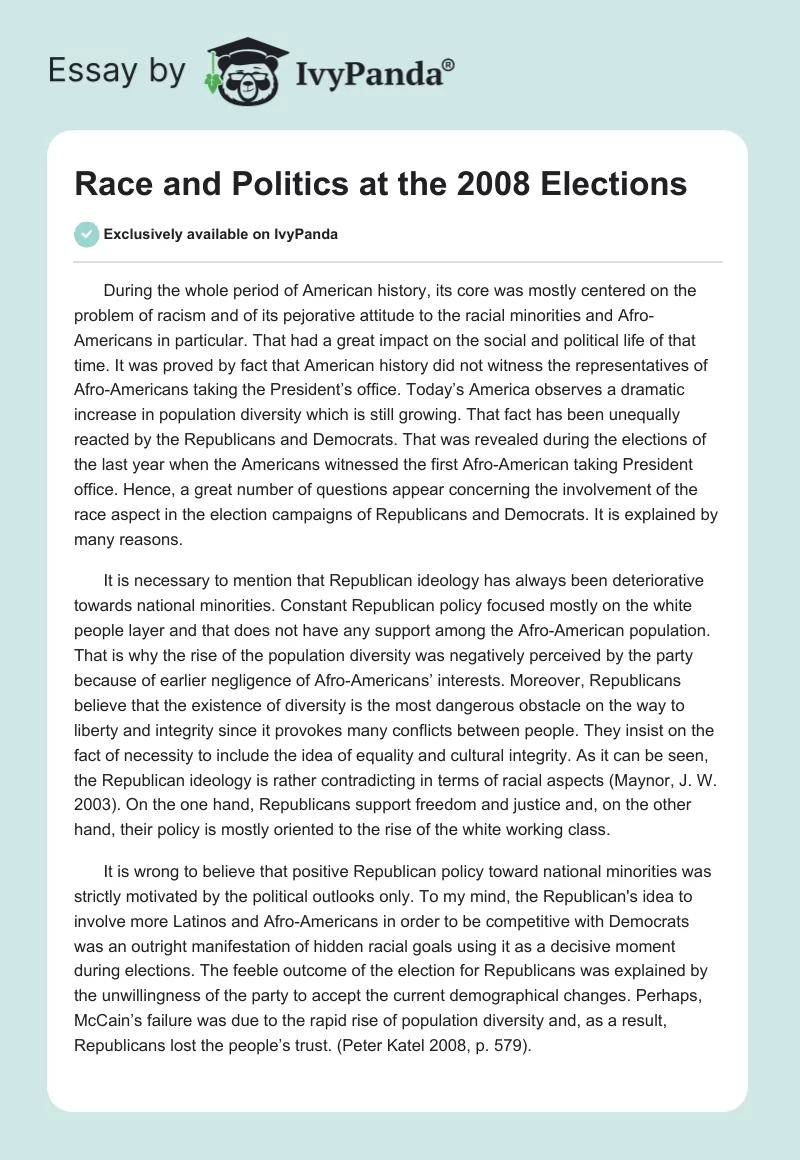 Race and Politics at the 2008 Elections. Page 1