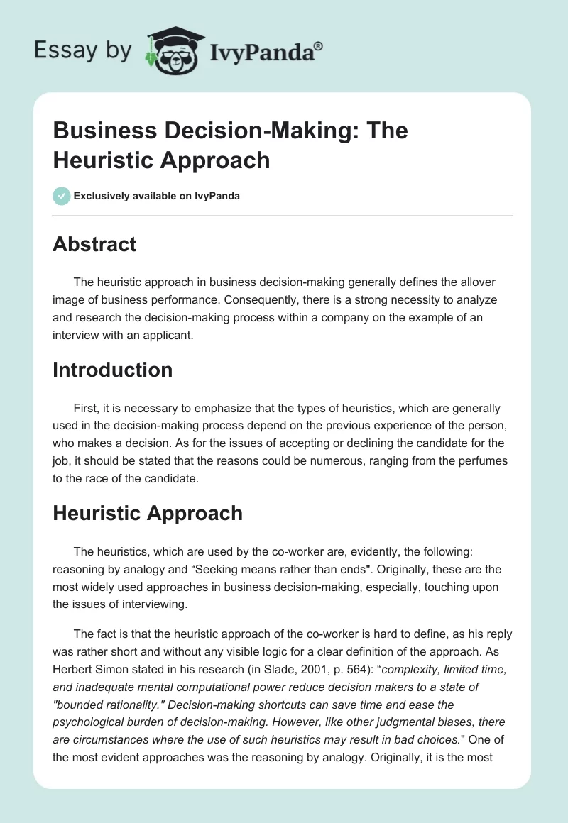 Business Decision-Making: The Heuristic Approach. Page 1