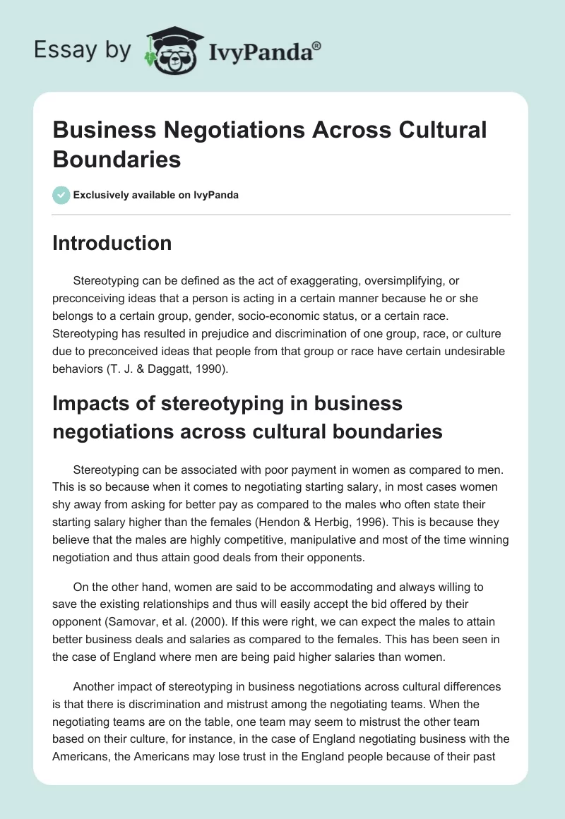 Business Negotiations Across Cultural Boundaries. Page 1