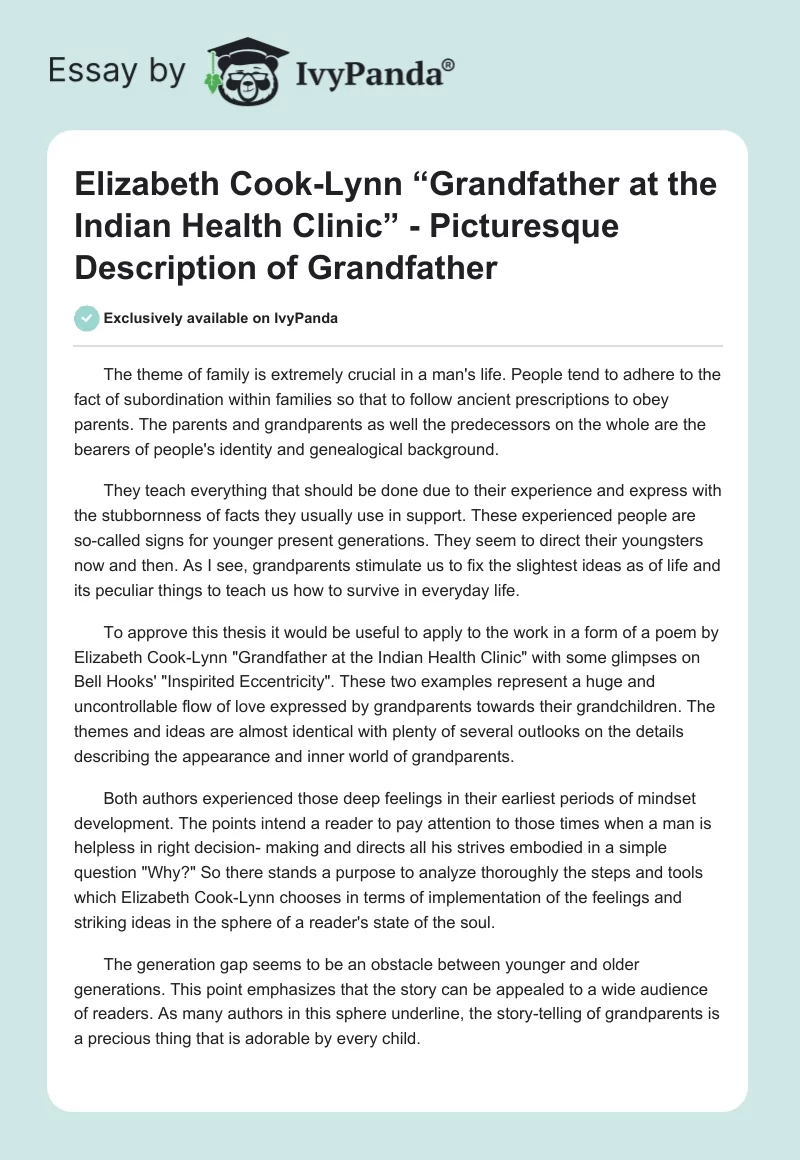 Elizabeth Cook-Lynn “Grandfather at the Indian Health Clinic” - Picturesque Description of Grandfather. Page 1