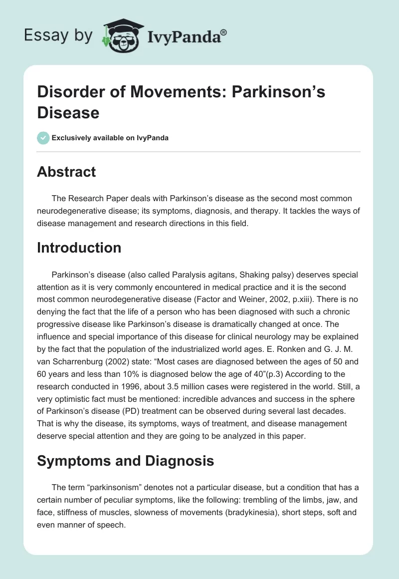 Disorder of Movements: Parkinson’s Disease. Page 1