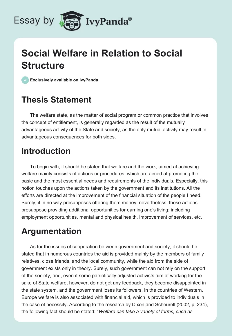 Social Welfare in Relation to Social Structure. Page 1