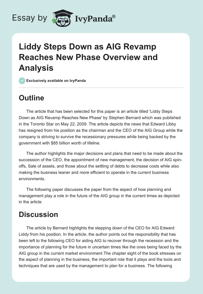 "Liddy Steps Down as AIG Revamp Reaches New Phase" Overview and Analysis. Page 1