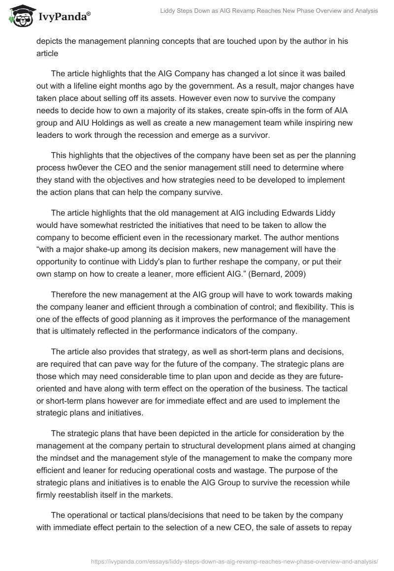 "Liddy Steps Down as AIG Revamp Reaches New Phase" Overview and Analysis. Page 2