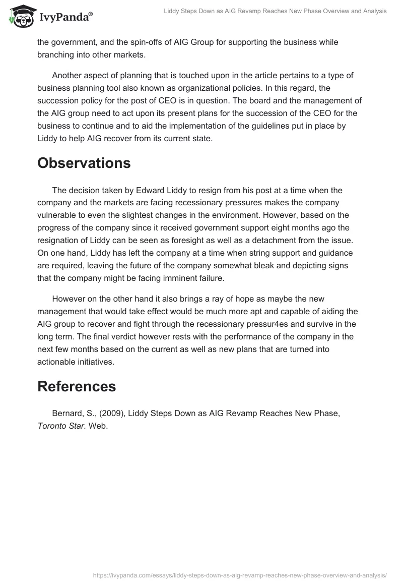 "Liddy Steps Down as AIG Revamp Reaches New Phase" Overview and Analysis. Page 3