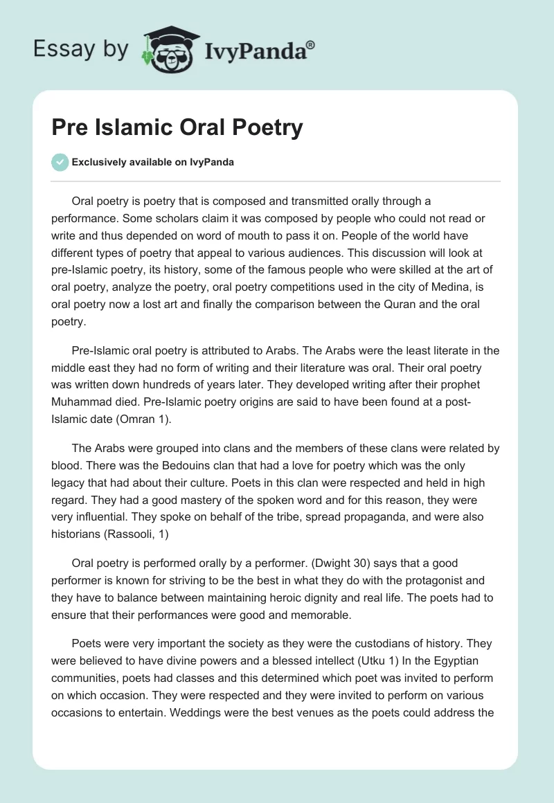 Pre Islamic Oral Poetry. Page 1