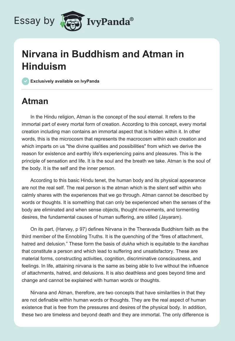 Nirvana in Buddhism and Atman in Hinduism. Page 1