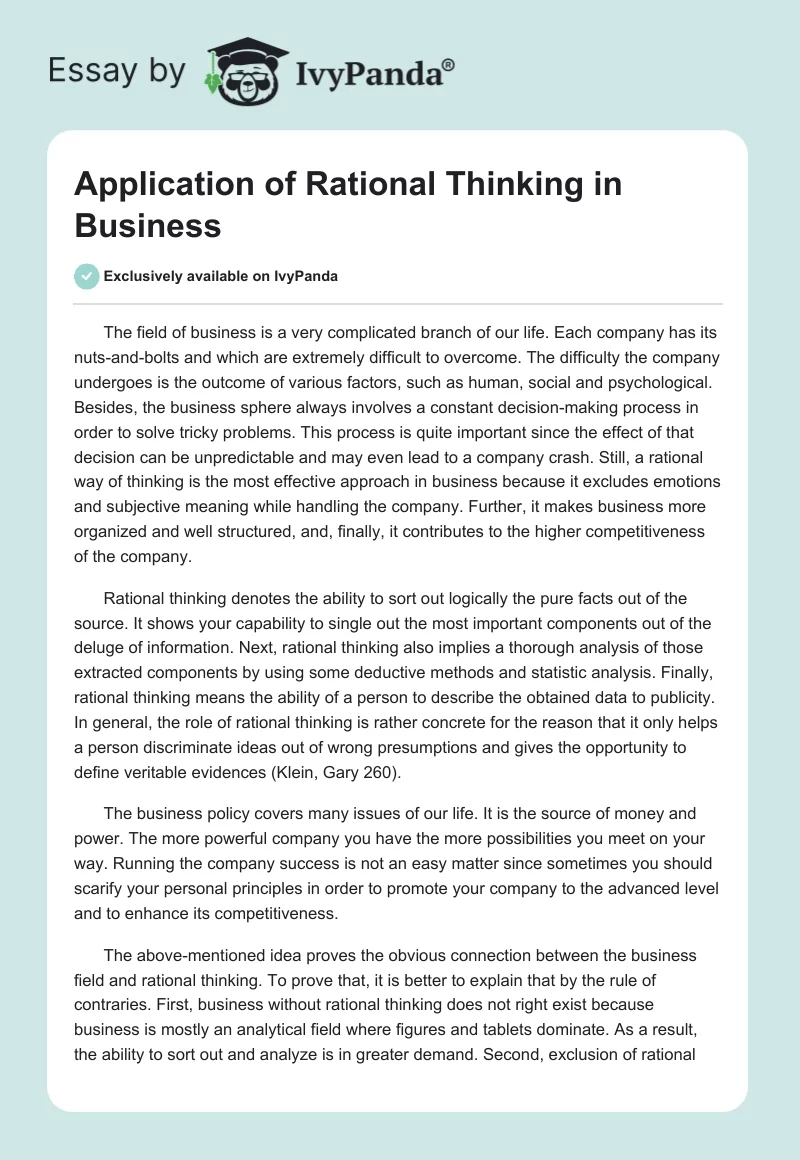 Application of Rational Thinking in Business. Page 1