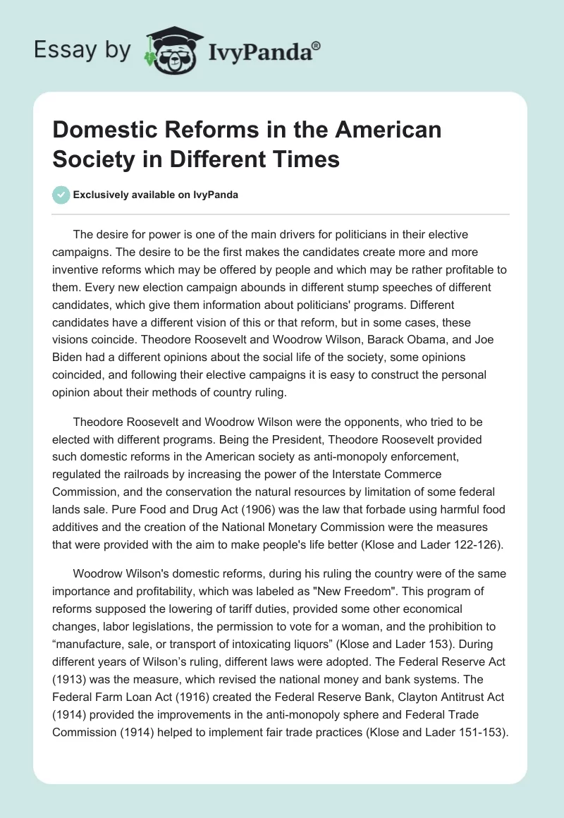 Domestic Reforms in the American Society in Different Times. Page 1