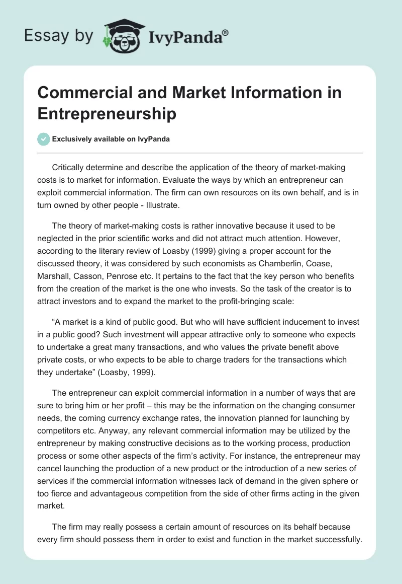 Commercial and Market Information in Entrepreneurship. Page 1
