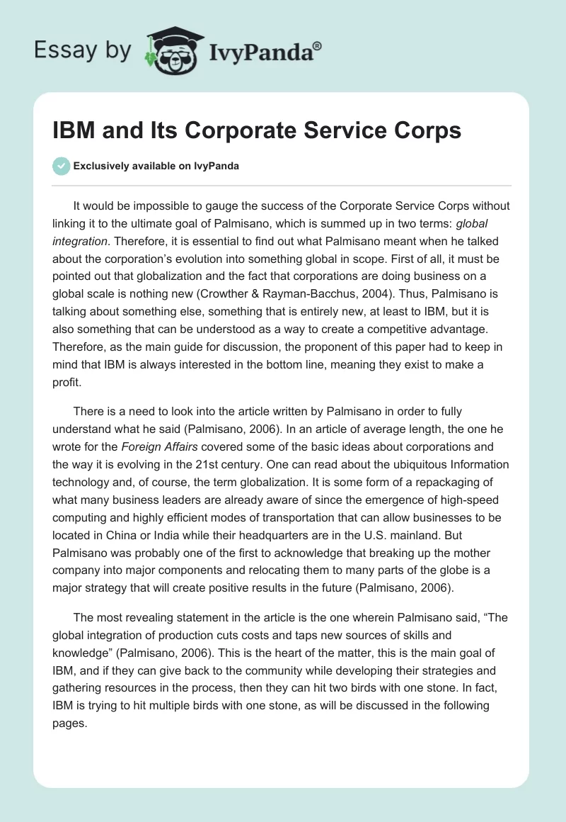 IBM and Its Corporate Service Corps. Page 1
