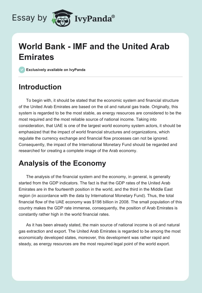 World Bank - IMF and the United Arab Emirates. Page 1