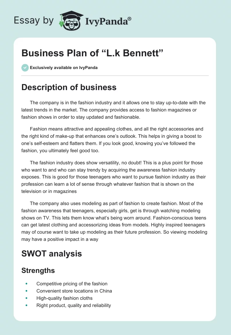 Business Plan of “L.k Bennett”. Page 1