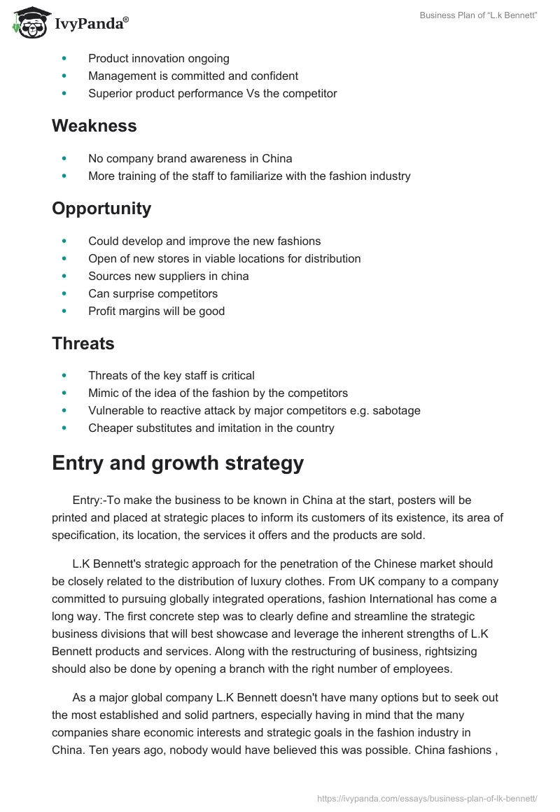 Business Plan of “L.k Bennett”. Page 2