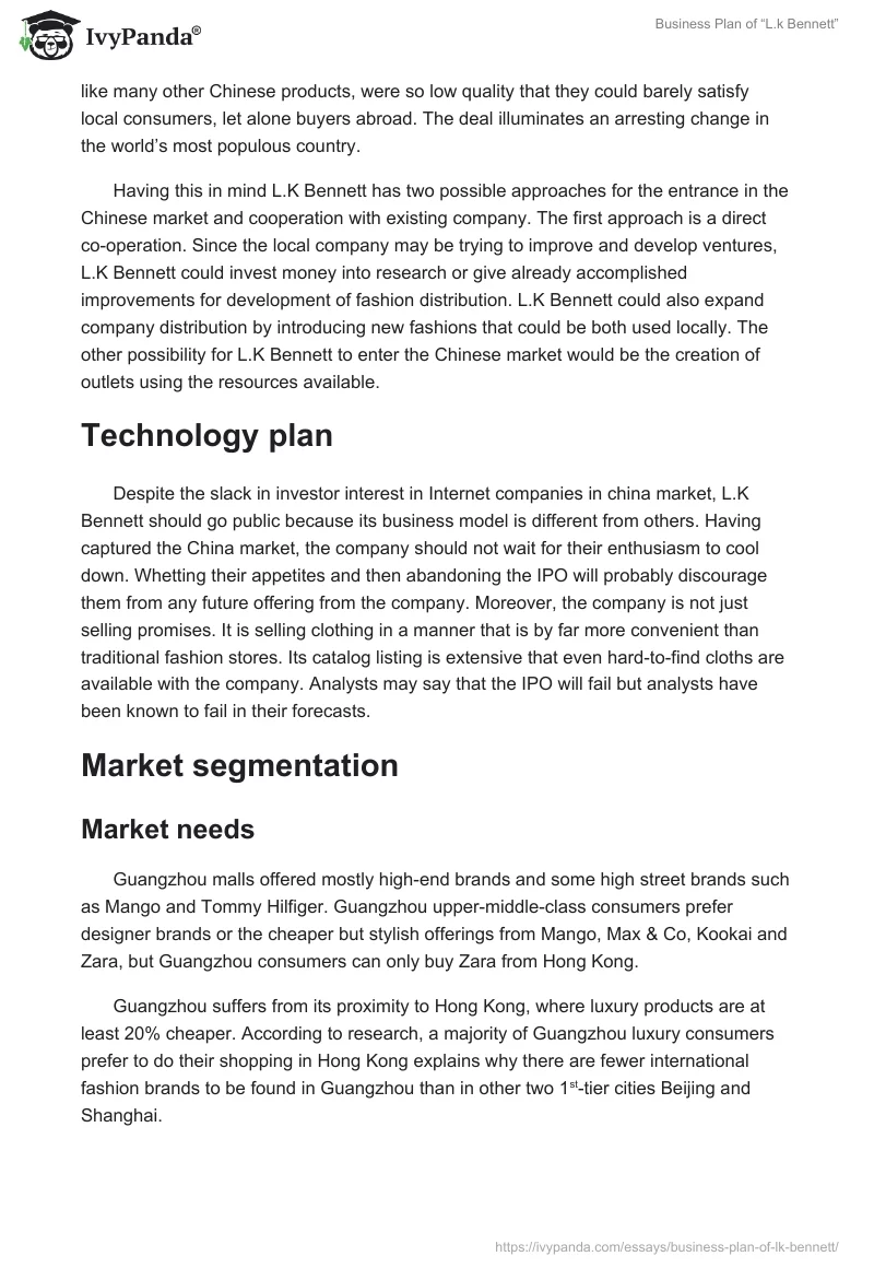 Business Plan of “L.k Bennett”. Page 3
