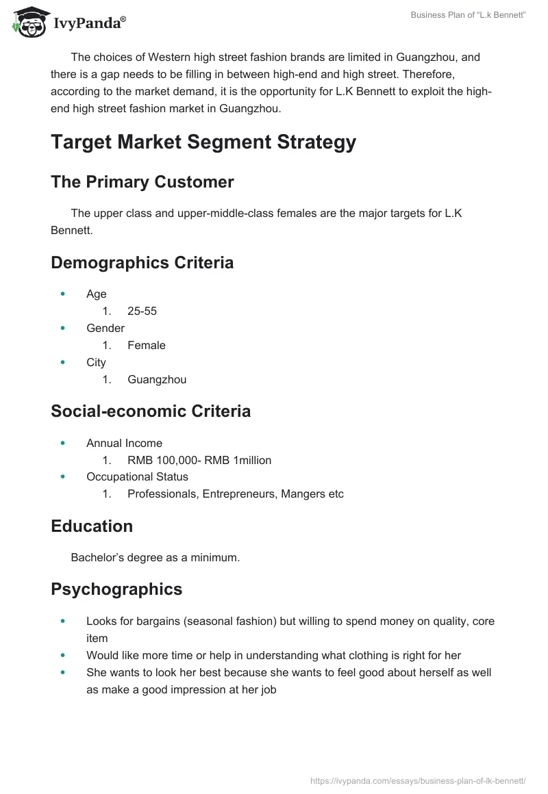 Business Plan of “L.k Bennett”. Page 4