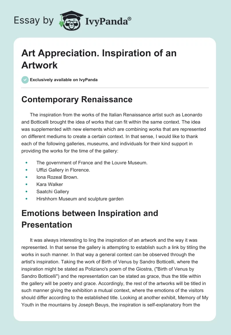 Art Appreciation. Inspiration of an Artwork. Page 1