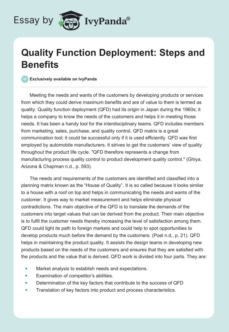 Quality Function Deployment: Steps and Benefits. Page 1