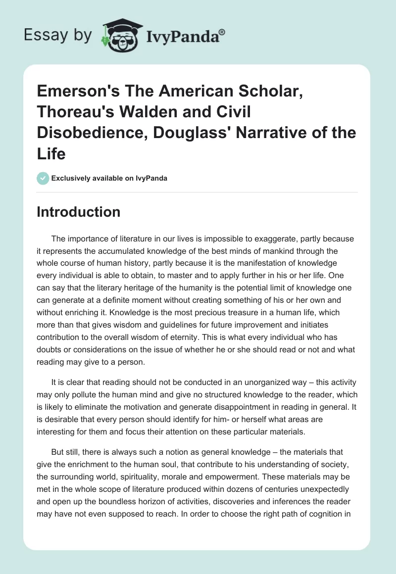 Emerson's The American Scholar, Thoreau's Walden and Civil Disobedience, Douglass' Narrative of the Life‎. Page 1