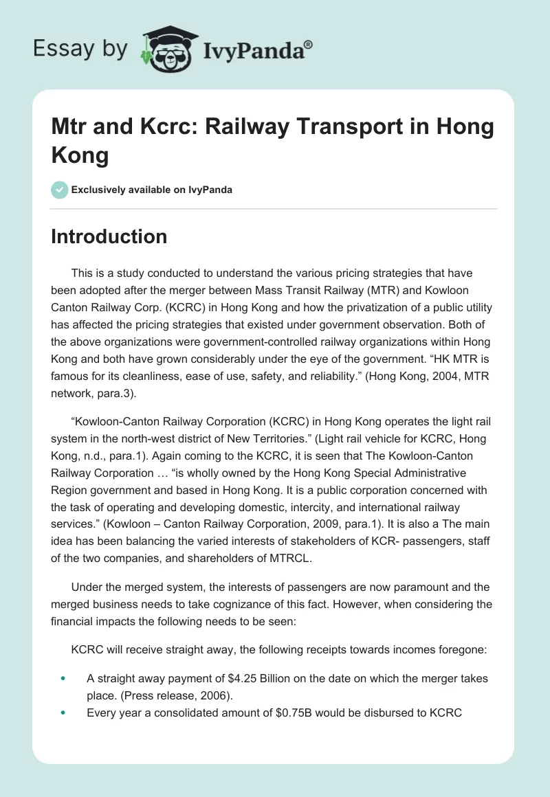 Mtr and Kcrc: Railway Transport in Hong Kong. Page 1