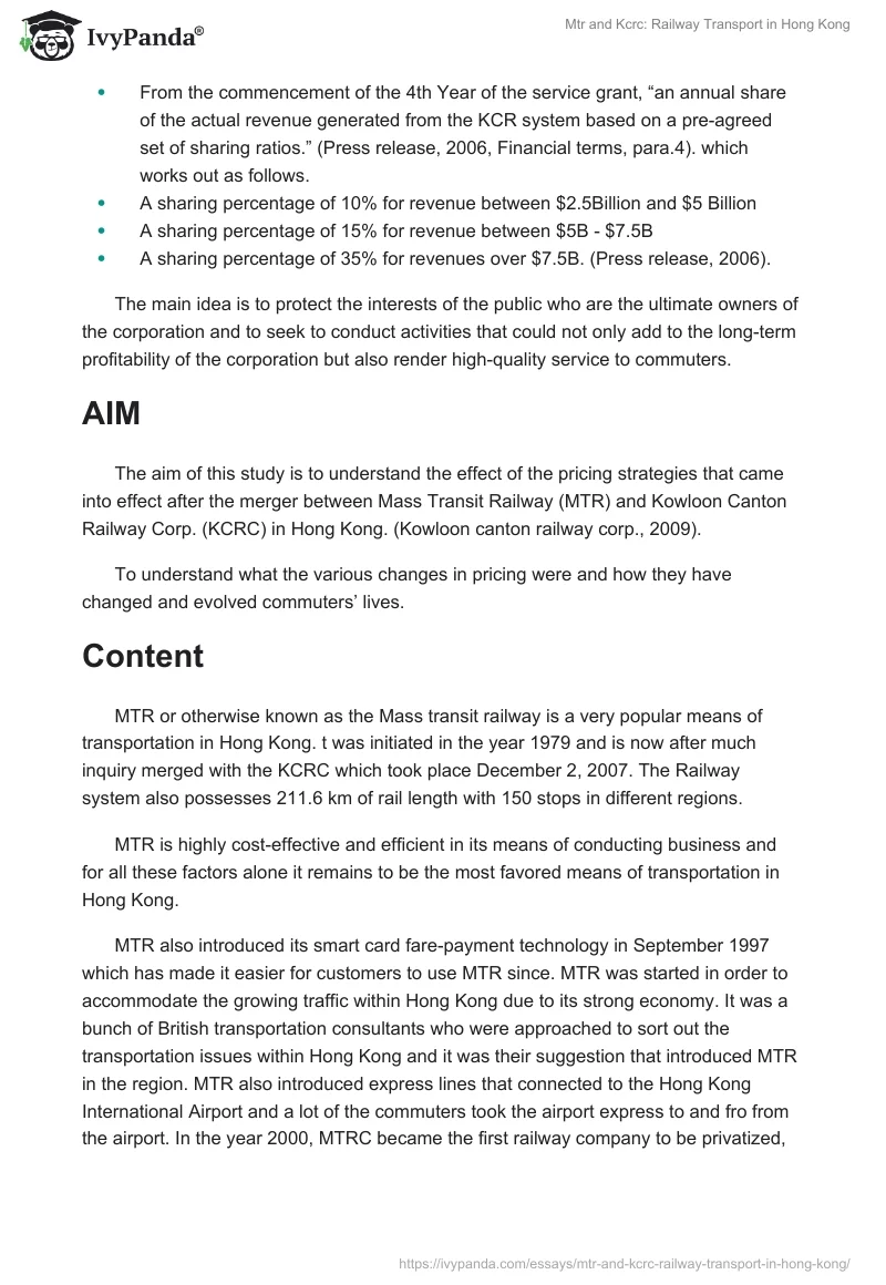 Mtr and Kcrc: Railway Transport in Hong Kong. Page 2