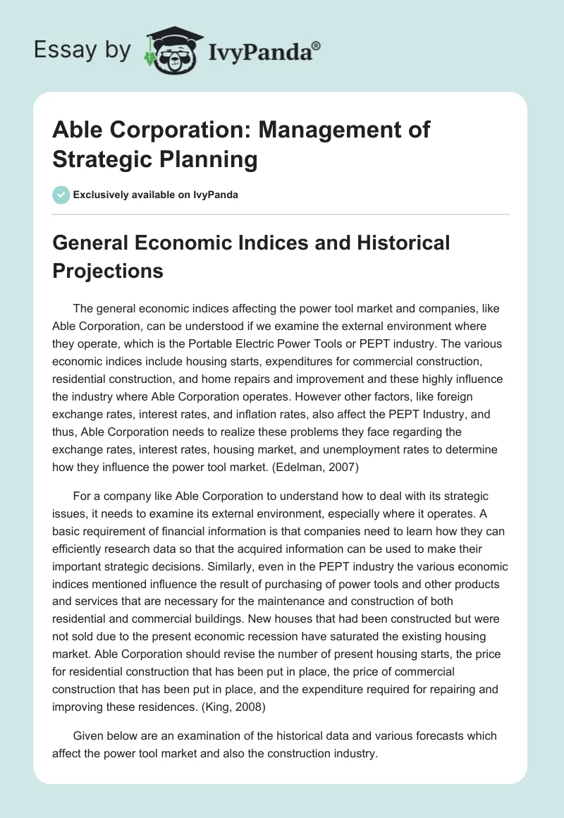 Able Corporation: Management of Strategic Planning. Page 1