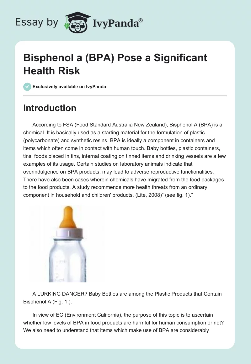 Bisphenol a (BPA) Pose a Significant Health Risk. Page 1