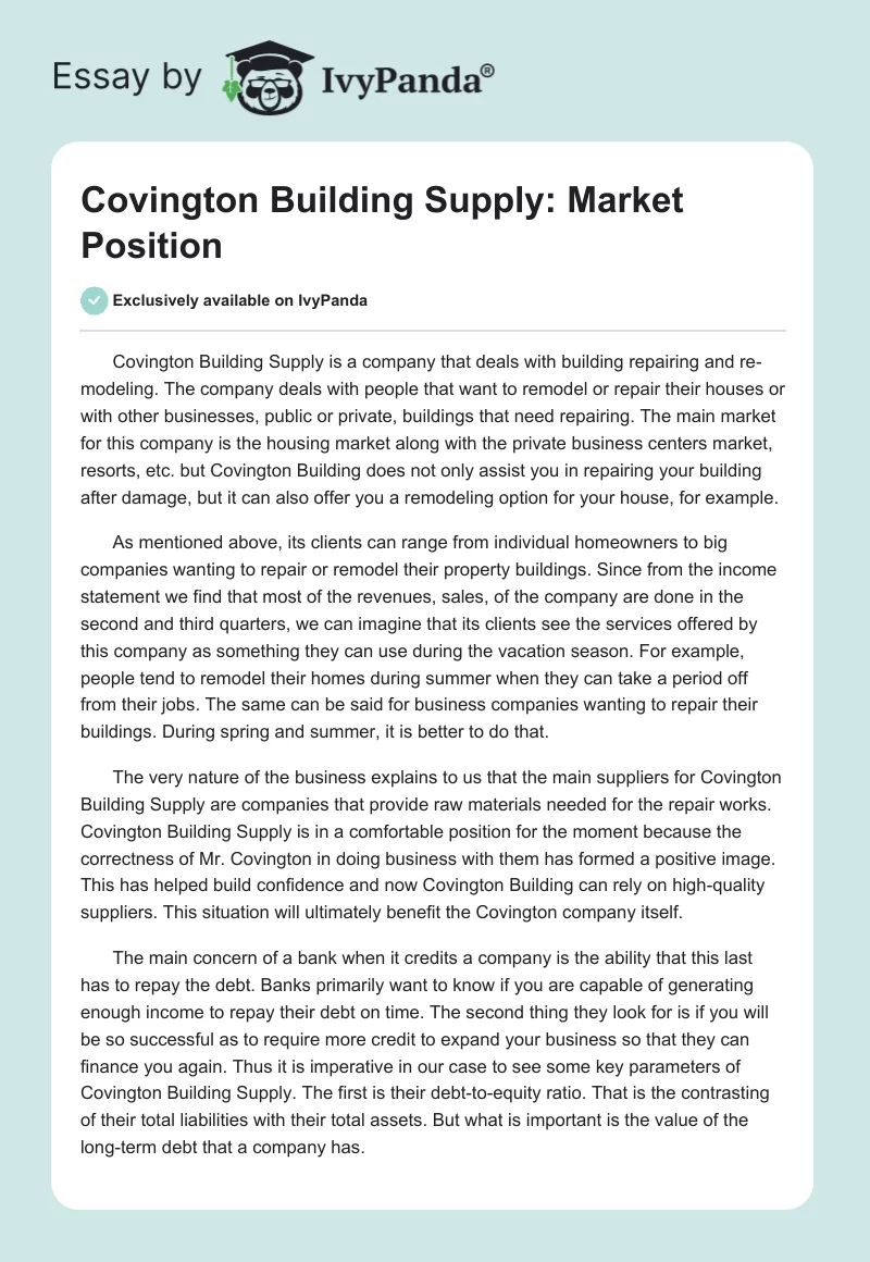 Covington Building Supply: Market Position. Page 1