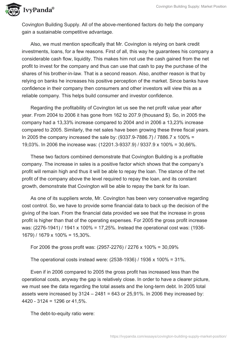 Covington Building Supply: Market Position. Page 3