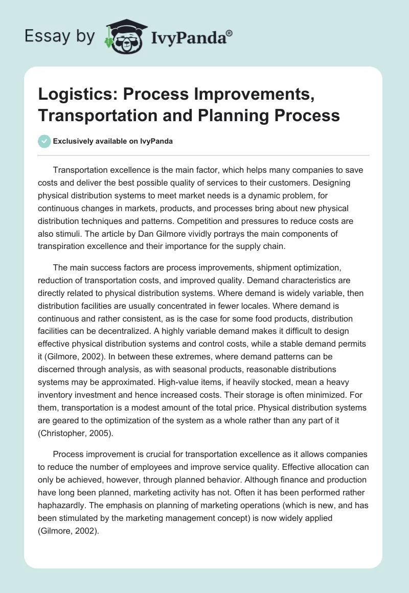 Logistics: Process Improvements, Transportation and Planning Process. Page 1