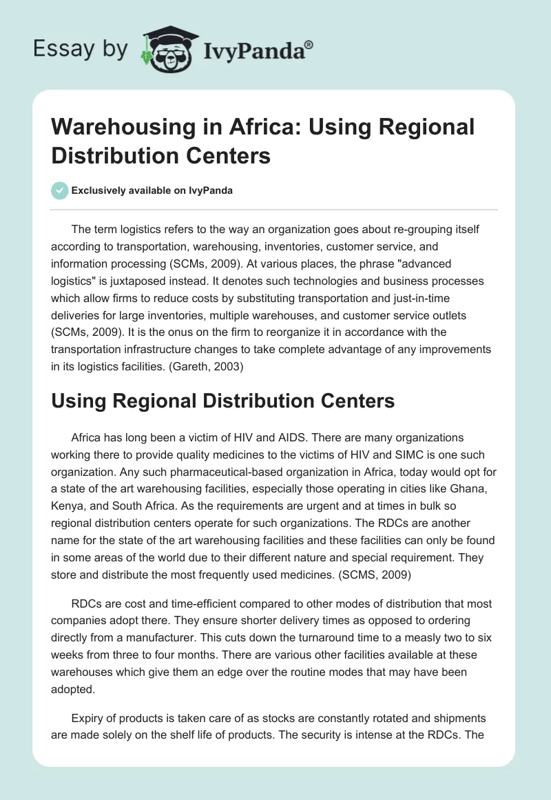Warehousing in Africa: Using Regional Distribution Centers. Page 1