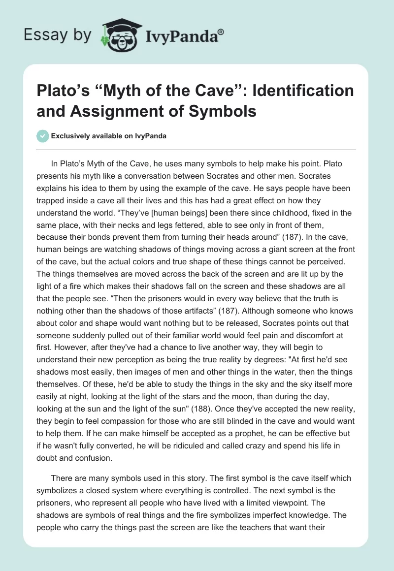 Plato’s “Myth of the Cave”: Identification and Assignment of Symbols. Page 1