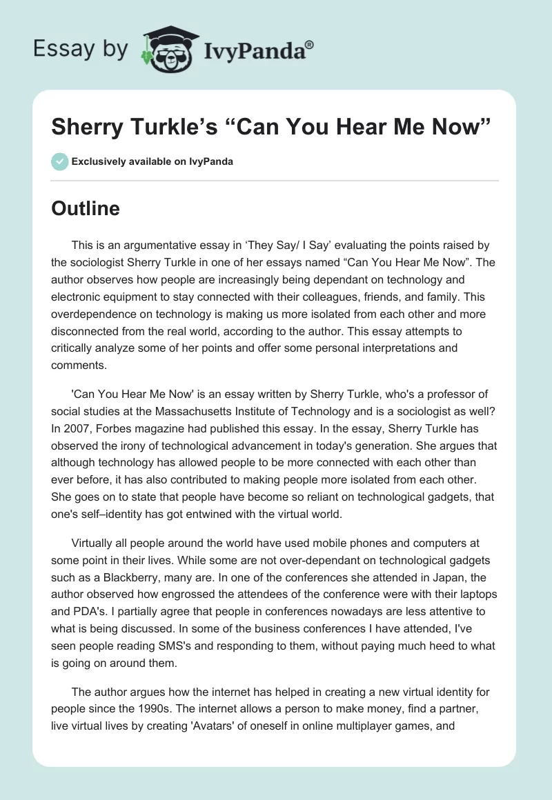 Sherry Turkle’s “Can You Hear Me Now”. Page 1