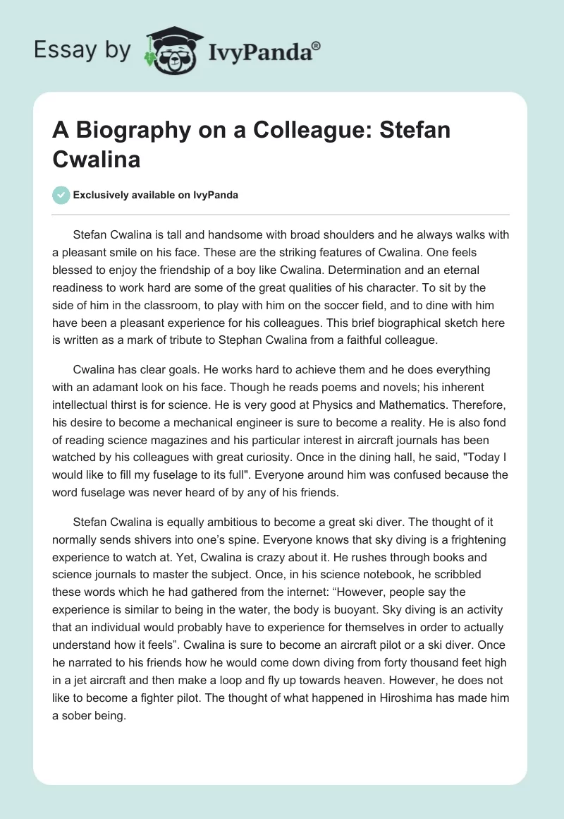 A Biography on a Colleague: Stefan Cwalina. Page 1