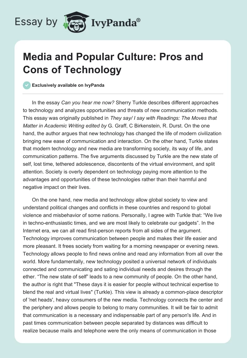 Media and Popular Culture: Pros and Cons of Technology. Page 1