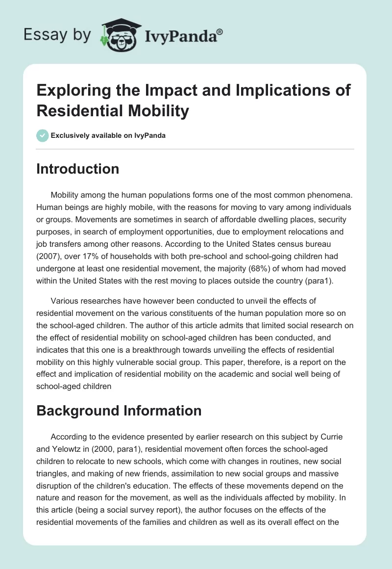 Exploring the Impact and Implications of Residential Mobility. Page 1