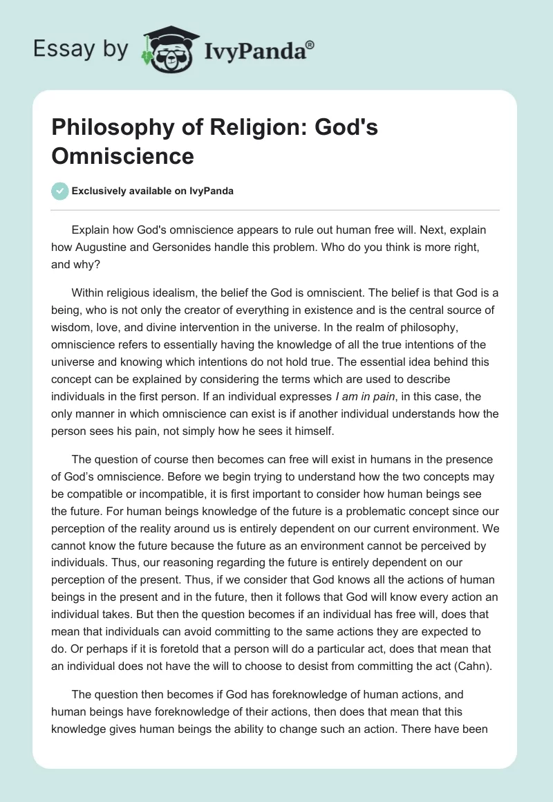 Philosophy of Religion: God's Omniscience. Page 1