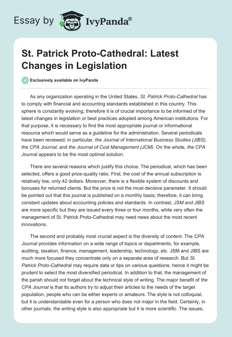 St. Patrick Proto-Cathedral: Latest Changes in Legislation. Page 1