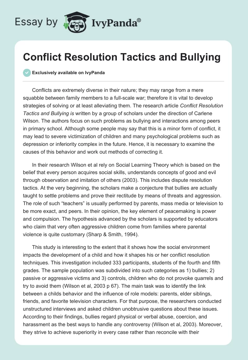Conflict Resolution Tactics and Bullying. Page 1