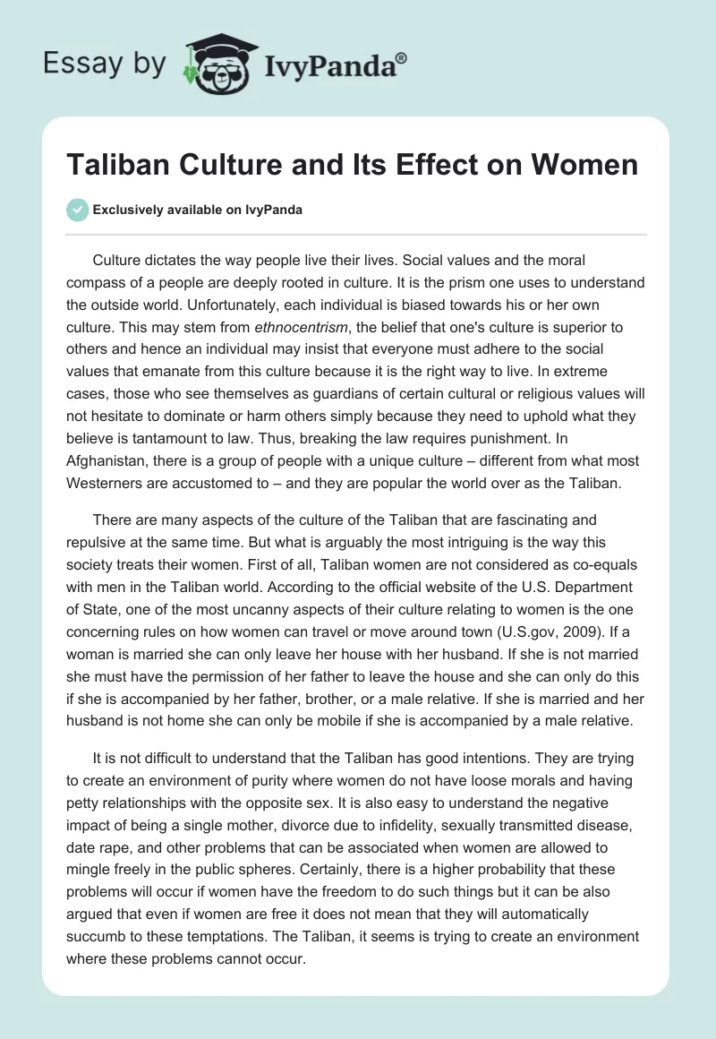 Taliban Culture and Its Effect on Women. Page 1
