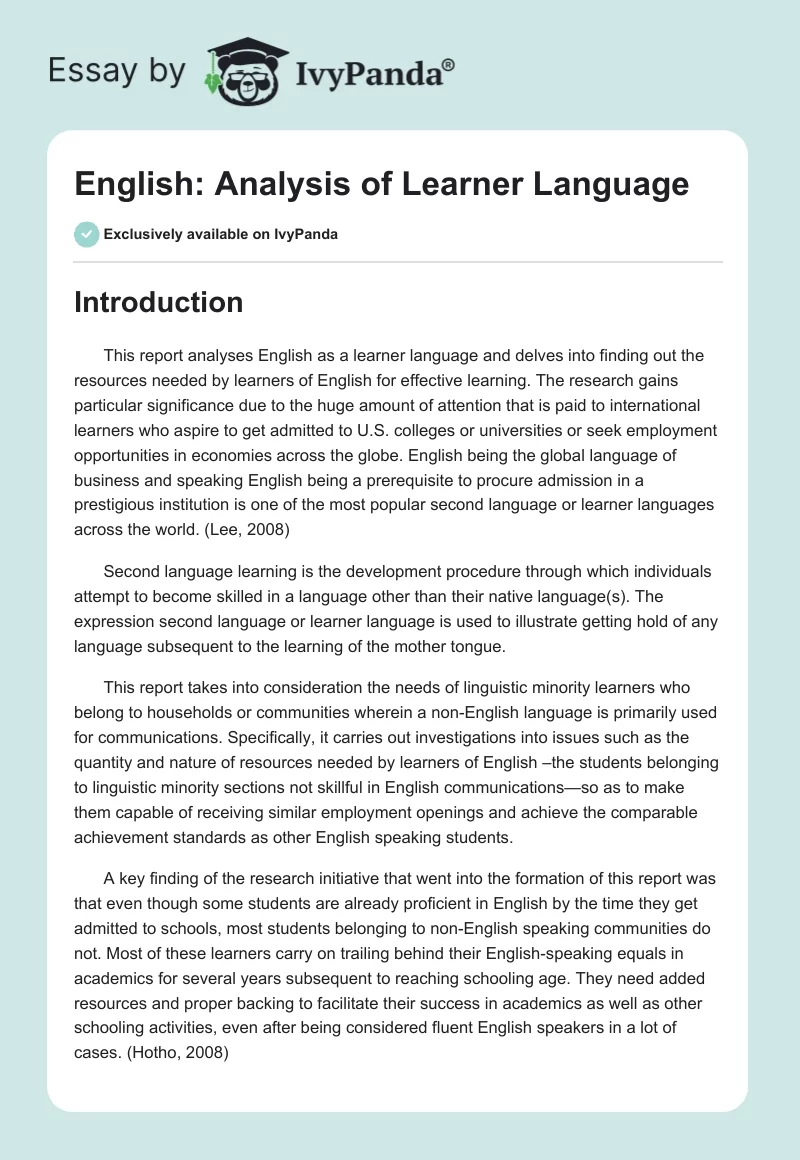 English: Analysis of Learner Language. Page 1
