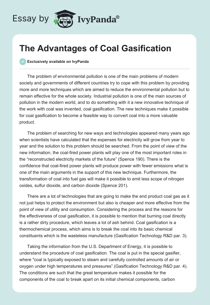The Advantages of Coal Gasification. Page 1