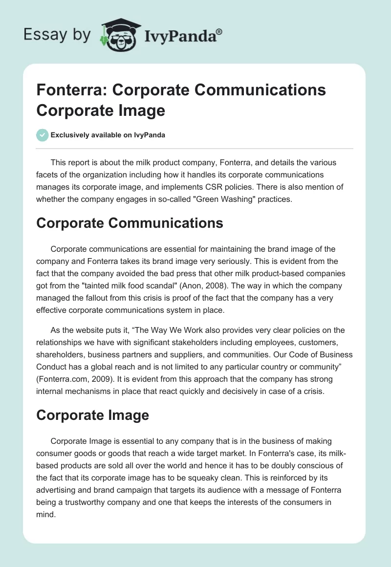 Fonterra: Corporate Communications Corporate Image. Page 1