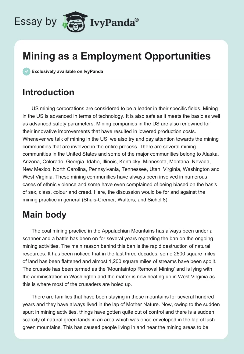 Mining as a Employment Opportunities. Page 1